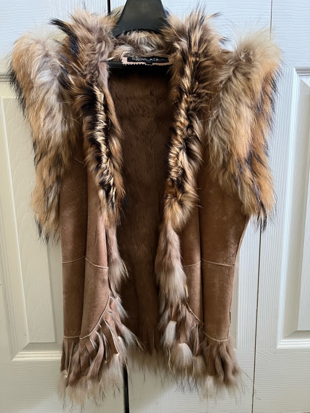 Faux-Suede Fringe Vest with Plush Fur Trim - Brown